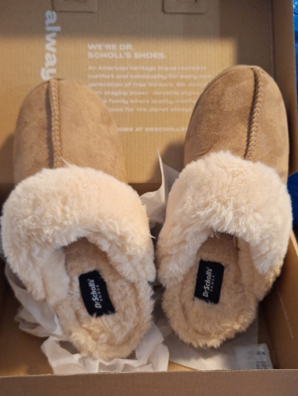 Dr. Scholl's Womens Tan Faux-Suede Slippers with Cream Fleece